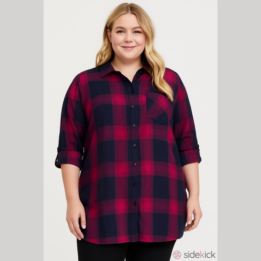 Faded Glory 1X Hot Pink Navy Plaid Button Down Shirt